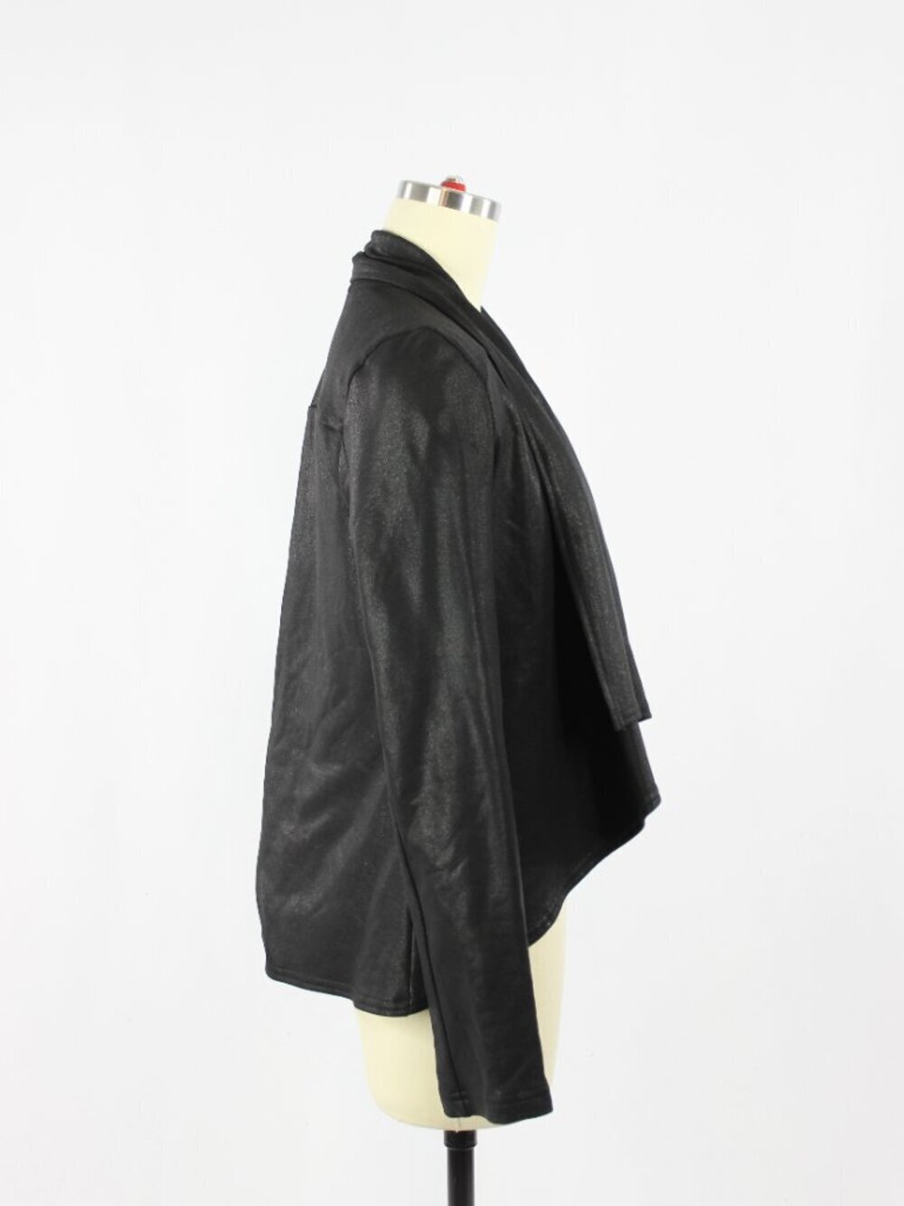 KRISA Black Coated Terry Faux Leather Open Drape Front Moto Jacket, Size S - Picture 5 of 16